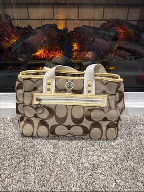 Vintage Coach Beige and Brown Signature Canvas Tote